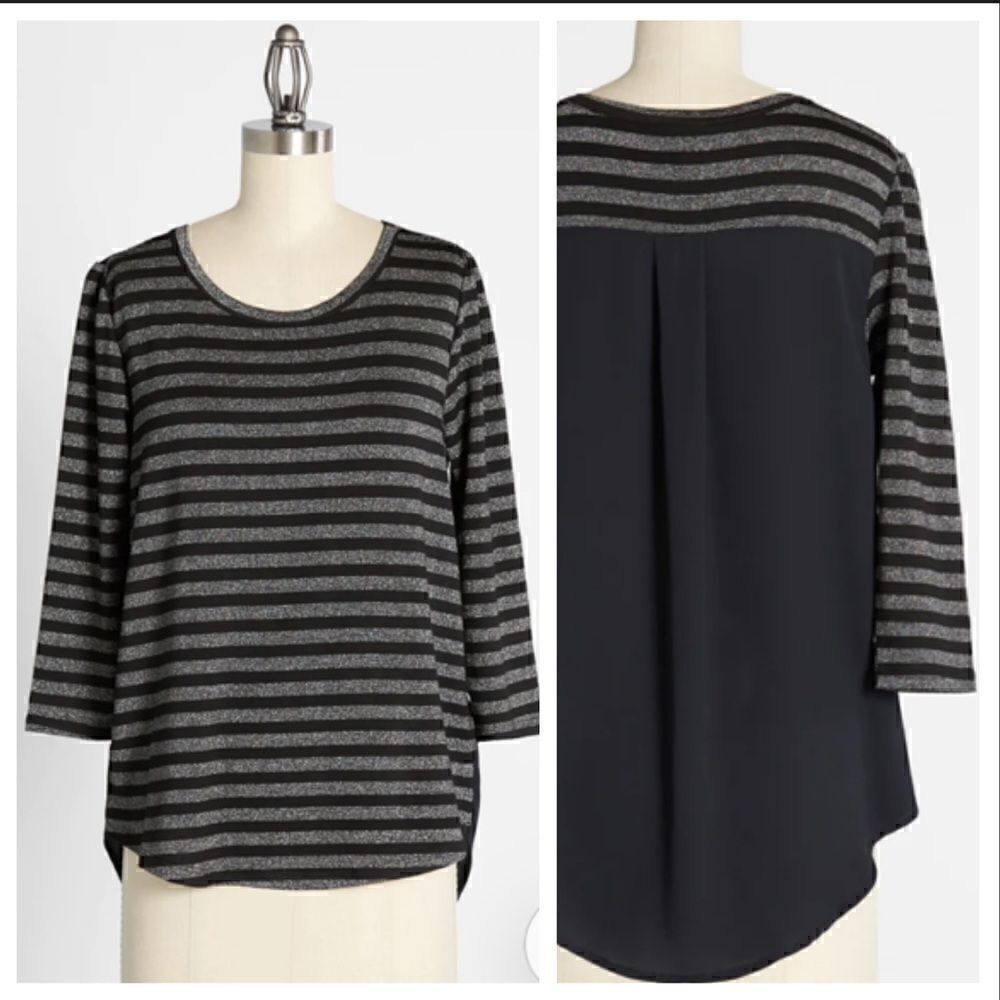 Modcloth You’re Making a Sheen Stripe Metallic Top Sheet Back Black Silver XS